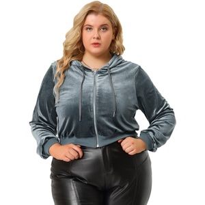 Agnes Orinda Gray Full-Zip Long Sleeve Cropped Velvet Hoodie Jacket Size 2X